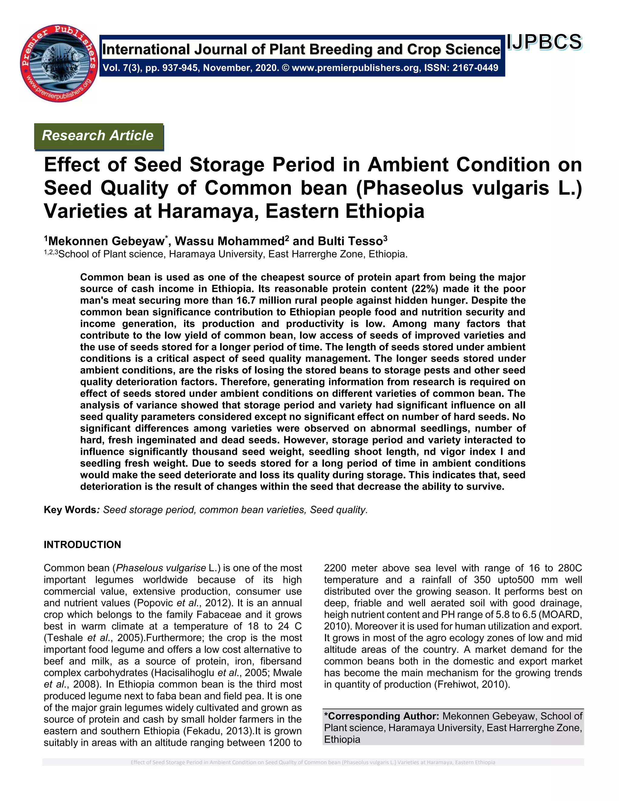 Effect of Seed Storage Period in Ambient Condition on Seed Quality of ...