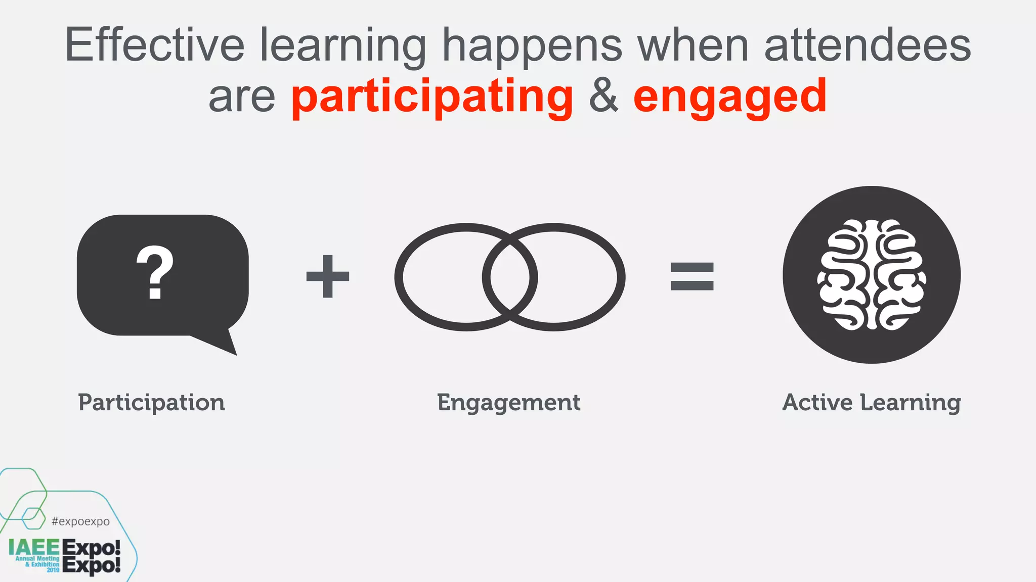 Effective learning happens when attendees
are participating & engaged
+ =
Participation Engagement Active Learning
?
 