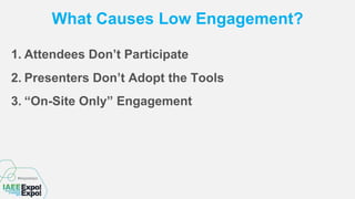 What Causes Low Engagement?
1. Attendees Don’t Participate
2. Presenters Don’t Adopt the Tools
3. “On-Site Only” Engagement
 