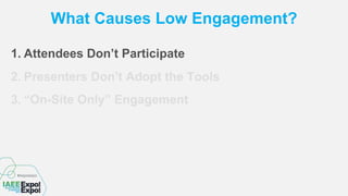 What Causes Low Engagement?
1. Attendees Don’t Participate
2. Presenters Don’t Adopt the Tools
3. “On-Site Only” Engagement
 