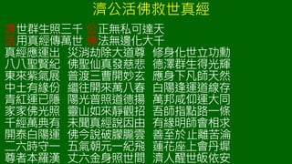 濟世群生照三千 公正無私可達天
活用真經傳萬世 佛法無邊化大千
真經應運出 災消劫除大道尊 修身化世立功勳
八八聖賢紀 佛聖仙真發慈悲 德澤群生得光輝
東來紫氣展 普渡三曹開妙玄 應身下凡師天然
中土有緣份 繼往開來萬八春 白陽逢運道線存
青紅運已隱 陽光普照道德揚 萬邦咸仰運大同
家家佛光照 靈山如來靜觀招 吾師指點路一條
千經萬典有 未聞真經說因由 有緣明師會相求
開泰白陽運 佛今說破朦朧雲 善至於止離苦淪
二六時守一 五氣朝元一紀飛 蓮花座上會丹墀
尊者本羅漢 丈六金身照世間 濟人醒世皈依安
濟公活佛救世真經
 