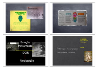 Emoção
Pensamento
DOR
Nocicepção
Diferença e Hierarquização
Precariedade - Humanos
O indivíduo
É individual
Ele é diferente
Mas é igual
Karnak
 