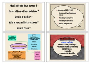 Qual atitude devo tomar ?
Quais alternativas existem ?
Qual é a melhor ?
Vale a pena solicitar exame ?
Qual o risco ?
Anamnese ( 60-70 %)
Erro cognitivo (raciocínio
falho)
Abordagem intuitiva
Abordagem analítica
Inércia diagnóstica
“Bom” Profissional - Ser Humano
Riscos
Contexto Social
Epidemiologia
Promoção de Saúde
Indícios
Suspeita
Diagnóstico precoce
Problema recém-instalado
Problema crônico
ETIOLOGIA
Curso natural
SÍNDROME
CO-Morbidades
Protocolos - OBE
Individualização (baseado em Hipóteses)
Exames complementares
Epidemiologia clínica
Intervenção
Acompanhamento
Aquisição de maturidade e experiência
Humanização
Ouvir
Estar junto
Adaptar...
causa e efeito
natureza da patologia
- curso natural (remissão
espontânea)
- placebo
- regressão à média
TERAPÊUTICAS
 