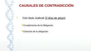 CAUSALES DE CONTRADICCIÓN
 Con titulo Judicial (3 días de plazo)
 Cumplimiento de la Obligación
 Extinción de la obligación
 
