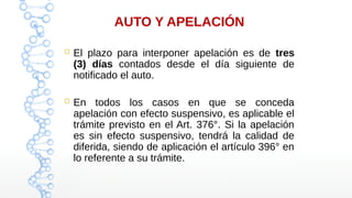 AUTO Y APELACIÓN
 El plazo para interponer apelación es de tres
(3) días contados desde el día siguiente de
notificado el auto.
 En todos los casos en que se conceda
apelación con efecto suspensivo, es aplicable el
trámite previsto en el Art. 376°. Si la apelación
es sin efecto suspensivo, tendrá la calidad de
diferida, siendo de aplicación el artículo 396° en
lo referente a su trámite.
 