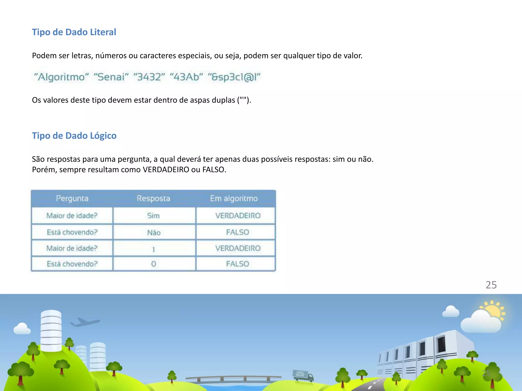 Tipo de Dado Literal
Podem ser letras, números ou caracteres especiais, ou seja, podem ser qualquer tipo de valor.
25
Os valores deste tipo devem estar dentro de aspas duplas ("").
Tipo de Dado Lógico
São respostas para uma pergunta, a qual deverá ter apenas duas possíveis respostas: sim ou não.
Porém, sempre resultam como VERDADEIRO ou FALSO.
25
 