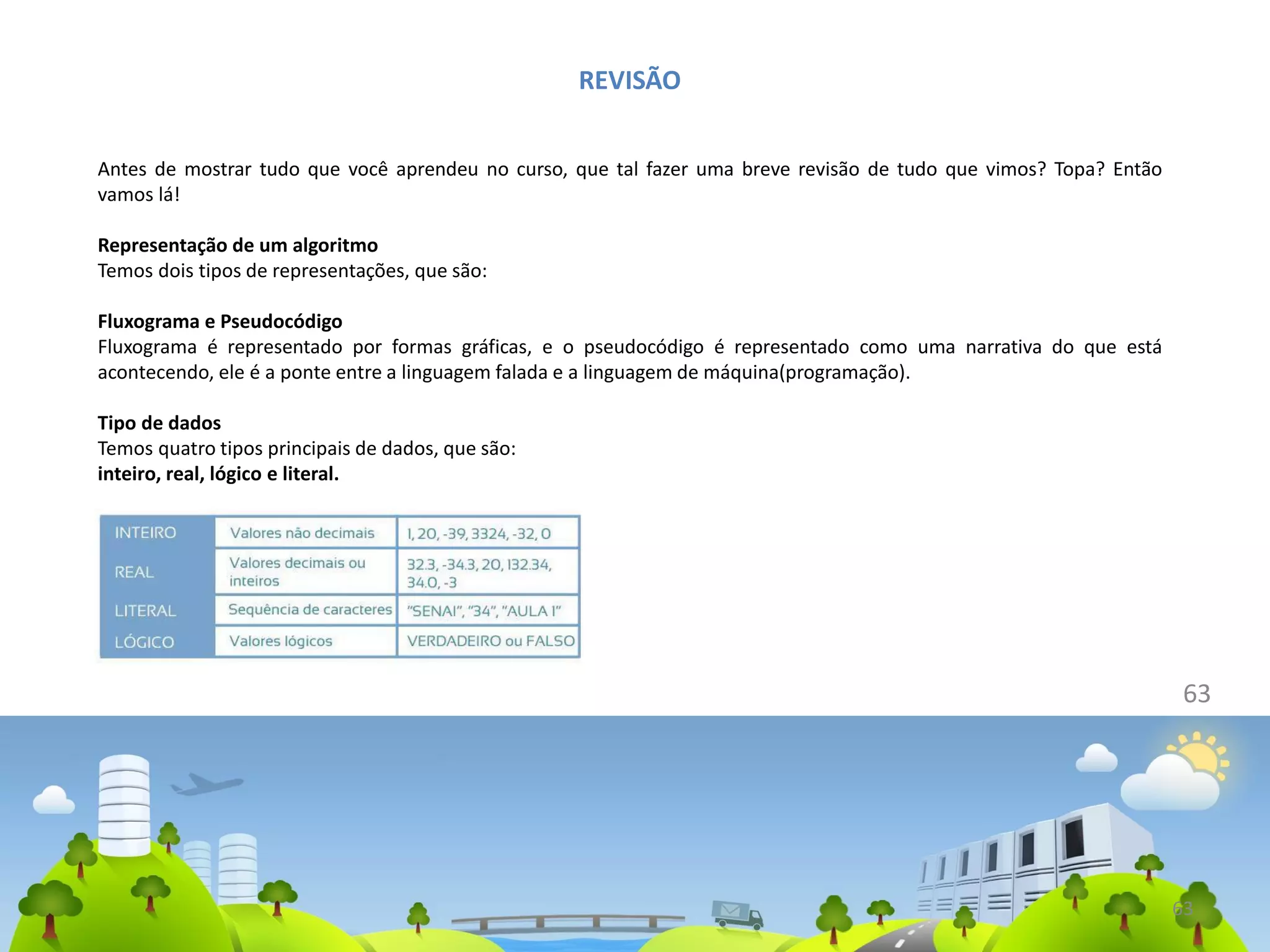 63
REVISÃO
Antes de mostrar tudo que você aprendeu no curso, que tal fazer uma breve revisão de tudo que vimos? Topa? Então
vamos lá!
Representação de um algoritmo
Temos dois tipos de representações, que são:
Fluxograma e Pseudocódigo
Fluxograma é representado por formas gráficas, e o pseudocódigo é representado como uma narrativa do que está
acontecendo, ele é a ponte entre a linguagem falada e a linguagem de máquina(programação).
Tipo de dados
Temos quatro tipos principais de dados, que são:
inteiro, real, lógico e literal.
63
 