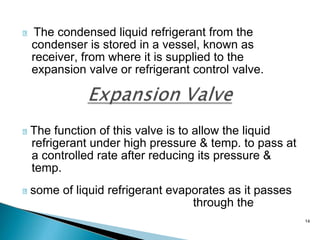 14
The condensed liquid refrigerant from the
condenser is stored in a vessel, known as
receiver, from where it is supplied to the
expansion valve or refrigerant control valve.
The function of this valve is to allow the liquid
refrigerant under high pressure & temp. to pass at
a controlled rate after reducing its pressure &
temp.
some of liquid refrigerant evaporates as it passes
through the
 