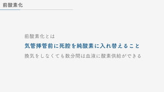 前酸素化
前酸素化とは
気管挿管前に死腔を純酸素に入れ替えること
換気をしなくても数分間は血液に酸素供給ができる
 