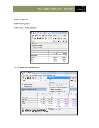 PORTAFOLIOS DE INVESTIGACIÓN DE OPERACIONES
16 de
octubre de
2013
Análisis de decisión
Problema de ejemplo:
Problema 3.16 del libro de Taha
Los Resultados, resolviendo en QM:
 