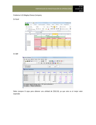 PORTAFOLIOS DE INVESTIGACIÓN DE OPERACIONES
16 de
octubre de
2013
Problema 3.25 Megley Cheese Company
En Excel
En QM
Debo comprar 8 cajas para obtener una utilidad de $352.50, ya que este es el mejor valor
esperado
 
