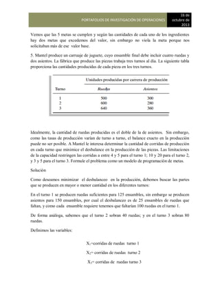 PORTAFOLIOS DE INVESTIGACIÓN DE OPERACIONES
16 de
octubre de
2013
Vemos que las 5 metas se cumplen y según las cantidades de cada uno de los ingredientes
hay dos metas que excedemos del valor, sin embargo no viola la meta porque nos
solicitaban más de ese valor base.
5. Mantel produce un carruaje de juguete, cuyo ensamble final debe incluir cuatro ruedas y
dos asientos. La fábrica que produce las piezas trabaja tres turnos al día. La siguiente tabla
proporciona las cantidades producidas de cada pieza en los tres turnos.
Idealmente, la cantidad de ruedas producidas es el doble de la de asientos. Sin embargo,
como las tasas de producción varían de turno a turno, el balance exacto en la producción
puede no ser posible. A Mantel le interesa determinar la cantidad de corridas de producción
en cada turno que minimice el desbalance en la producción de las piezas. Las limitaciones
de la capacidad restringen las corridas a entre 4 y 5 para el turno 1; 10 y 20 para el turno 2,
y 3 y 5 para el turno 3. Formule el problema como un modelo de programación de metas.
Solución
Como deseamos minimizar el desbalanceo en la producción, debemos buscar las partes
que se producen en mayor o menor cantidad en los diferentes turnos:
En el turno 1 se producen ruedas suficientes para 125 ensambles, sin embargo se producen
asientos para 150 ensambles, por cual el desbalanceo es de 25 ensambles de ruedas que
faltan, y como cada ensamble requiere tenemos que faltarían 100 ruedas en el turno 1.
De forma análoga, sabemos que el turno 2 sobran 40 ruedas; y en el turno 3 sobran 80
ruedas.
Definimos las variables:
X1=corridas de ruedas turno 1
X2= corridas de ruedas turno 2
X3= corridas de ruedas turno 3
 