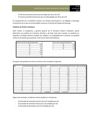 PORTAFOLIOS DE INVESTIGACIÓN DE OPERACIONES
16 de
octubre de
2013
- El número promedio de barcazas que llegan por día es de 2.07
- El número promedio de barcazas que son descargadas por día es de 2.07
En comparación con el problema anterior, los retrasos disminuyeron y las llegadas y descargas
aumentaron por lo que es recomendable aumentar el tamaño del equipo de descarga.
Problema de Simkin’s Hardware
Mark Simkin, el propietario y gerente general de la ferretería Simkin’s Hardware, quiere
determinar una política de inventario eficiente y de bajo costo para manejar un producto en
específico: el taladro eléctrico modelo Ace. Debido a la complejidad de la situación, ha decidido
utilizar la simulación para ayudarse. Estos son los datos del problema:
Al evaluar este problema en Excel, tenemos como resultado lo siguiente:
Según este resultado, se deberán realizar pedidos en 4 ocasiones.
- El promedio de inventario inicial es de 3.27 unidades por día
- El promedio de inventario final es de 2.33 unidades por día
- El promedio de demanda es de 3.27 unidades por día
 