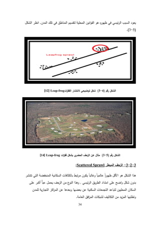 34
‫المدن‬ ‫تمك‬ ‫في‬ ‫المناطق‬ ‫لتقسيم‬ ‫المحمية‬ ‫انين‬‫و‬‫الق‬ ‫ىو‬ ‫ه‬
‫ر‬‫ظيو‬ ‫في‬ ‫ئيسي‬‫ر‬‫ال‬ ‫السبب‬ ‫يعود‬
,
‫الشكل‬ ‫انظر‬
(
5
-
3
.)
‫رقم‬ ‫الشكل‬
(
4
-
3
)
‫ات‬
‫ز‬‫القف‬ ‫النتشار‬ ‫توضيحي‬ ‫شكل‬
Leap-frog
[
12
]
‫رقم‬ ‫الشكل‬
(
5
-
3
)
‫ات‬
‫ز‬‫قف‬ ‫بشكل‬ ‫ي‬
‫الحضر‬ ‫الزحف‬ ‫عن‬ ‫مثال‬
Leap-frog
[
14
]
3
-
2
-
3
-
‫المبعثر‬ ‫الزحف‬
Scattered Sprawl
:
‫تتنشر‬ ‫التي‬ ‫المنخفضة‬ ‫السكانية‬ ‫بالكثافات‬ ‫تبط‬‫ر‬‫م‬ ‫يكون‬ ً‫ا‬‫وغالب‬ ً‫ا‬‫عالمي‬ ً‫ا‬
‫ر‬‫ظيو‬ ‫األقل‬ ‫ىو‬ ‫الشكل‬ ‫ىذا‬
‫ئيسي‬‫ر‬‫ال‬ ‫يق‬‫ر‬‫الط‬ ‫امتداد‬ ‫عمى‬ ‫اضح‬‫و‬ ‫شكل‬ ‫بدون‬
,
‫عمى‬ ‫أكبر‬ ً‫أ‬‫عب‬ ‫يحمل‬ ‫الزحف‬ ‫من‬ ‫ع‬
‫النو‬ ‫وىذا‬
‫لممدن‬ ‫ية‬‫ر‬‫التجا‬ ‫اكز‬
‫ر‬‫الم‬ ‫عن‬ ‫وبعدىا‬ ‫بعضيا‬ ‫عن‬ ‫السكنية‬ ‫التجمعات‬ ‫لتباعد‬ ‫المحميين‬ ‫السكان‬
‫العامة‬ ‫افق‬
‫ر‬‫الم‬ ‫لشبكات‬ ‫التكاليف‬ ‫من‬ ‫يد‬‫ز‬‫الم‬ ‫وتطمبيا‬
.
 