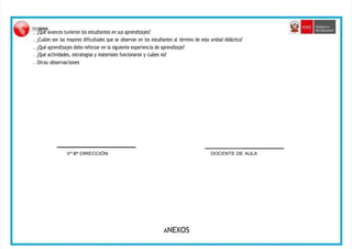 • ¿Qué avances tuvieron los estudiantes en sus aprendizajes?
• ¿Cuáles son las mayores dificultades que se observan en los estudiantes al término de esta unidad didáctica?
• ¿Qué aprendizajes debo reforzar en la siguiente experiencia de aprendizaje?
• ¿Qué actividades, estrategias y materiales funcionaron y cuáles no?
• Otras observaciones
Vº Bº DIRECCIÓN DOCENTE DE AULA
ANEXOS
 