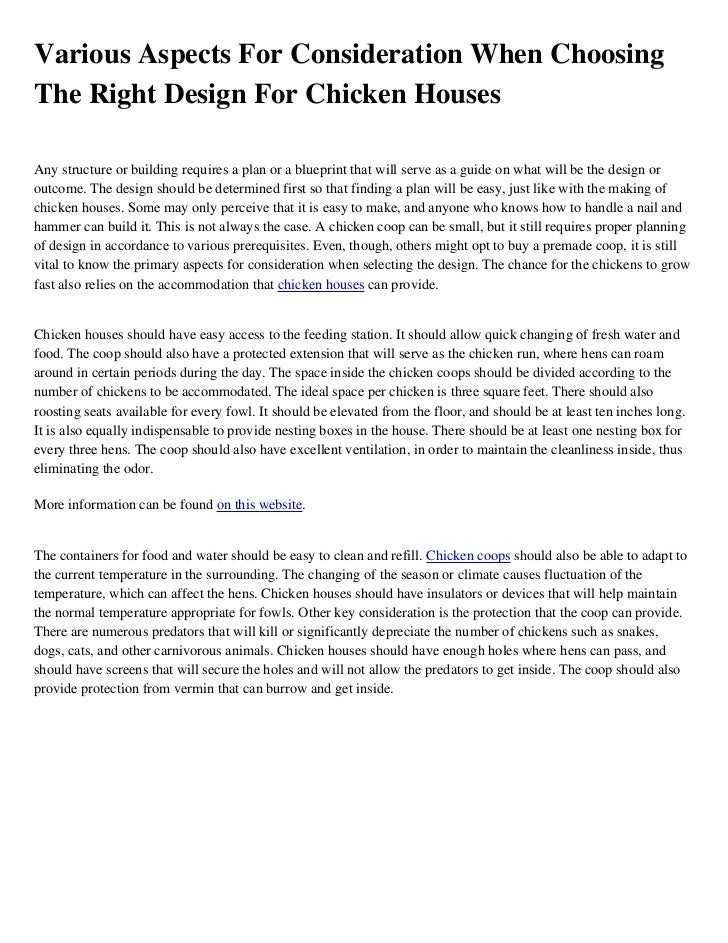 Various Aspects For Consideration When Choosing The Right Design For Chicken Houses