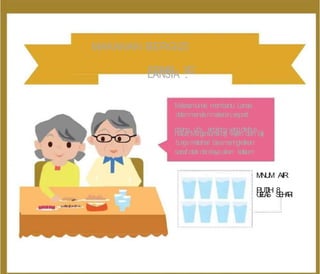 MAKANAN BERGIZI
S
LE
AI
N
M
S
B
IA N
:G
M
a
k
a
n
a
nlun
ak m
em
b
an
tu Lan
sia
d
al
a
mm
en
e
a
l nm
ak
an
a
n,seperti
p
isang, ubi, sin
g
kon
g yan
gd
irebus
halus Me
n
g
o
n
s
um
sibiji wijen dan biji
b
u
n
g
am
atah
ari bisam
en
ing
katkan
sarafotakd
anka
yaak
an kal
sium
M
I
N
U
M AIR
P
U
T
I
H 8
G
E
L
A
S S
E
H
A
R
I
 