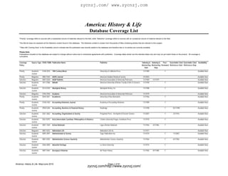 zycnzj.com/ www.zycnzj.com



                                                                                            America: History & Life
                                                                                                   Database Coverage List
   "Priority" coverage refers to sources with a substantial volume of materials relevant to the field, while "Selective" coverage refers to sources with an occasional volume of material relevant to the field.

   This title list does not represent all the Selective content found in this database. The Selective content is chosen from thousands of titles containing articles that are relevant to this subject.

   *Titles with 'Coming Soon' in the Availability column indicate that this publication was recently added to the database and therefore few or no articles are currently available.

   Please Note:
   Publications included on this database are subject to change without notice due to contractual agreements with publishers. Coverage dates shown are the intended dates only and may not yet match those on the product. All coverage is
   cumulative.


   Coverage        Source Type ISSN / ISBN Publication Name                                                      Publisher                                                   Indexing & Indexing &     Peer- Searchable Cited Searchable Cited Availability*
   Policy                                                                                                                                                                    Abstracting Abstracting Reviewed References Start References Stop
                                                                                                                                                                                Start       Stop
   Priority        Academic       0148-2076    19th Century Music                                                University of California Press                               1/1/1989                    Y                                     Available Now
                   Journal
   Priority        Magazine       0882-9365    AAHS Journal                                                      American Aviation Historical Society                         3/1/2003                                                          Available Now
   Selective       Magazine       0001-026X    AAUP Bulletin                                                     American Association of University Professors                1/1/1969    1/1/1979                                              Available Now
   Selective       Academic       1811-5586    Abhath                                                            American University of Beirut, Faculty of Arts & Sciences    1/1/1958                    Y                                     Available Now
                   Journal
   Selective       Academic       0314-8769    Aboriginal History                                                Aboriginal History, Inc.                                     1/1/1988                    Y                                     Available Now
                   Journal
   Selective       Magazine       0190-2946    Academe                                                           American Association of University Professors                1/1/1979                                                          Available Now
   Priority        Academic       0044-5851    Acadiensis                                                        University of New Brunswick                                  1/1/1966                    Y                                     Available Now
                   Journal
   Priority        Academic       0148-4184    Accounting Historians Journal                                     Academy of Accounting Historians                             1/1/1989                    Y                                     Available Now
                   Journal
   Priority        Academic       0958-5206    Accounting, Business & Financial History                          Routledge                                                    1/1/1998                    Y        10/1/1990                    Available Now
                   Journal
   Selective       Academic       0361-3682    Accounting, Organizations & Society                               Pergamon Press - An Imprint of Elsevier Science              1/1/2007                    Y        3/1/1976                     Available Now
                   Journal
   Selective       Academic       0567-8293    Acta Universitatis Carolinae: Philosophica et Historica           Charles University Prague, Karolinum Press                   1/1/1970                    Y                                     Available Now
                   Journal
   Selective       Academic       0001-7469    Action Nationale                                                  Ligue d'Action Nationale                                     1/1/1964    4/1/1986        Y                                     Available Now
                   Journal
   Selective       Magazine       0001-8252    Adirondack Life                                                   Adirondack Life Inc.                                         1/1/1971                                                          Available Now
   Selective       Academic       0095-3997    Administration & Society                                          Sage Publications Inc.                                       1/1/1974                    Y        1/1/2003                     Available Now
                   Journal
   Selective       Academic       0001-8392    Administrative Science Quarterly                                  Administrative Science Quarterly                             1/1/1964                    Y        6/1/1956                     Available Now
                   Journal
   Selective       Academic       0360-389X    Adventist Heritage                                                La Sierra University                                         1/1/1974                    Y                                     Available Now
                   Journal
   Selective       Academic       0001-9364    Aerospace Historian                                               Air Power History                                            1/1/1965    9/1/1988        Y                                     Available Now
                   Journal




America: History & Life -May/June 2010                                                                                       Page 1 of 81
                                                                                                zycnzj.com/http://www.zycnzj.com/
 