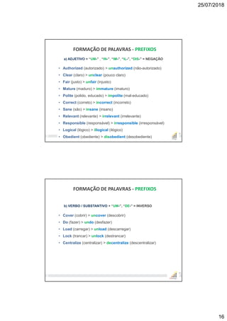 25/07/2018
16
31
FORMAÇÃO DE PALAVRAS - PREFIXOS
a) ADJETIVO + “UM-” , “IN-”, “IM-”, “IL-”, “DIS-” = NEGAÇÃO
• Authorized (autorizado) > unauthorized (não-autorizado)
• Clear (claro) > unclear (pouco claro)
• Fair (justo) > unfair (injusto)
• Mature (maduro) > immature (imaturo)
• Polite (polido, educado) > impolite (mal-educado)
• Correct (correto) > incorrect (incorreto)
• Sane (são) > insane (insano)
• Relevant (relevante) > irrelevant (irrelevante)
• Responsible (responsável) > irresponsible (irresponsável)
• Logical (lógico) > illogical (ilógico)
• Obedient (obediente) > disobedient (desobediente)
32
FORMAÇÃO DE PALAVRAS - PREFIXOS
b) VERBO / SUBSTANTIVO + “UM-”, “DE-” = INVERSO
• Cover (cobrir) > uncover (descobrir)
• Do (fazer) > undo (desfazer)
• Load (carregar) > unload (descarregar)
• Lock (trancar) > unlock (destrancar)
• Centralize (centralizar) > decentralize (descentralizar)
 