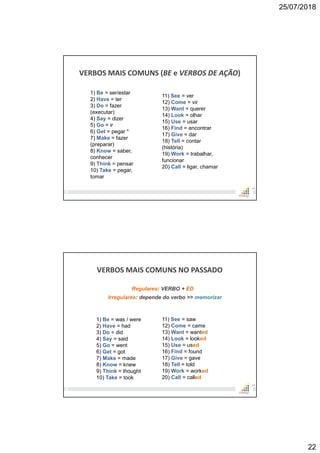 25/07/2018
22
VERBOS MAIS COMUNS (BE e VERBOS DE AÇÃO)
43
11) See = ver
12) Come = vir
13) Want = querer
14) Look = olhar
15) Use = usar
16) Find = encontrar
17) Give = dar
18) Tell = contar
(história)
19) Work = trabalhar,
funcionar
20) Call = ligar, chamar
1) Be = ser/estar
2) Have = ter
3) Do = fazer
(executar)
4) Say = dizer
5) Go = ir
6) Get = pegar *
7) Make = fazer
(preparar)
8) Know = saber,
conhecer
9) Think = pensar
10) Take = pegar,
tomar
VERBOS MAIS COMUNS NO PASSADO
44
11) See = saw
12) Come = came
13) Want = wanted
14) Look = looked
15) Use = used
16) Find = found
17) Give = gave
18) Tell = told
19) Work = worked
20) Call = called
1) Be = was / were
2) Have = had
3) Do = did
4) Say = said
5) Go = went
6) Get = got
7) Make = made
8) Know = knew
9) Think = thought
10) Take = took
Irregulares: depende do verbo >> memorizar
Regulares: VERBO + ED
 