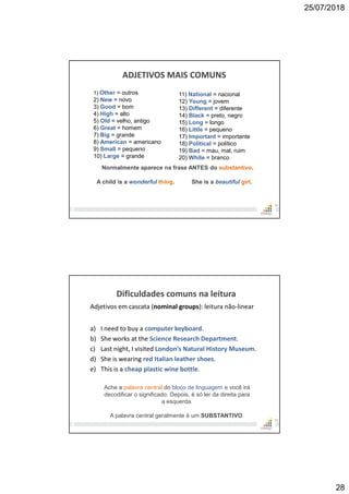 25/07/2018
28
ADJETIVOS MAIS COMUNS
55
11) National = nacional
12) Young = jovem
13) Different = diferente
14) Black = preto, negro
15) Long = longo
16) Little = pequeno
17) Important = importante
18) Political = político
19) Bad = mau, mal, ruim
20) White = branco
1) Other = outros
2) New = novo
3) Good = bom
4) High = alto
5) Old = velho, antigo
6) Great = homem
7) Big = grande
8) American = americano
9) Small = pequeno
10) Large = grande
Normalmente aparece na frase ANTES do substantivo.
A child is a wonderful thing. She is a beautiful girl.
Dificuldades comuns na leitura
Adjetivos em cascata (nominal groups): leitura não-linear
a) I need to buy a computer keyboard.
b) She works at the Science Research Department.
c) Last night, I visited London’s Natural History Museum.
d) She is wearing red Italian leather shoes.
e) This is a cheap plastic wine bottle.
56
Ache a palavra central do bloco de linguagem e você irá
decodificar o significado. Depois, é só ler da direita para
a esquerda.
A palavra central geralmente é um SUBSTANTIVO.
 
