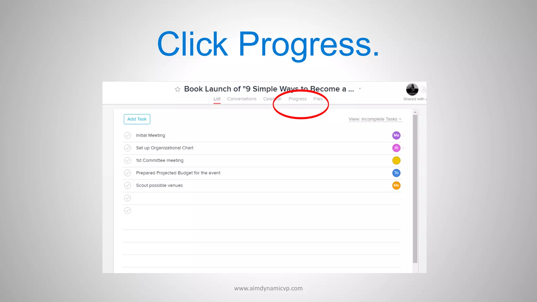Click Progress.
www.aimdynamicvp.com
 