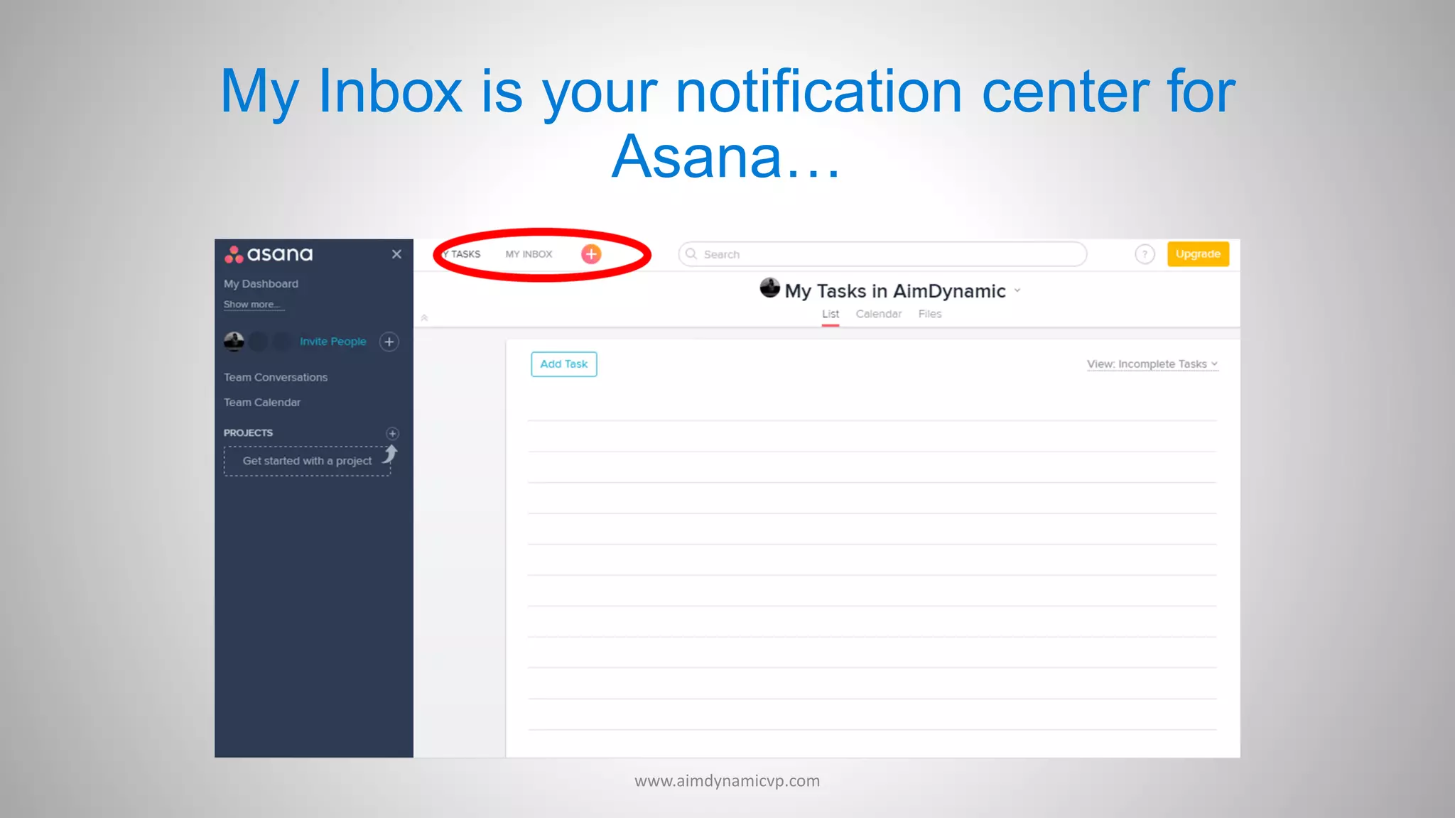 My Inbox is your notification center for
Asana…
www.aimdynamicvp.com
 