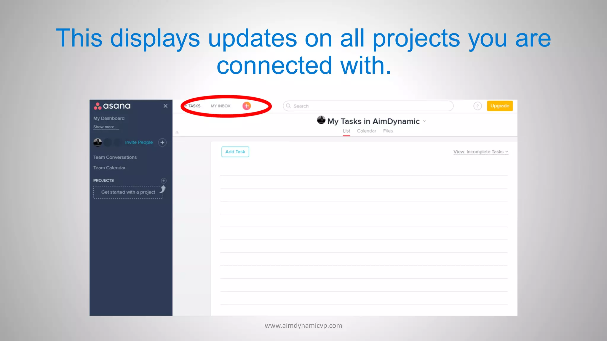 This displays updates on all projects you are
connected with.
www.aimdynamicvp.com
 