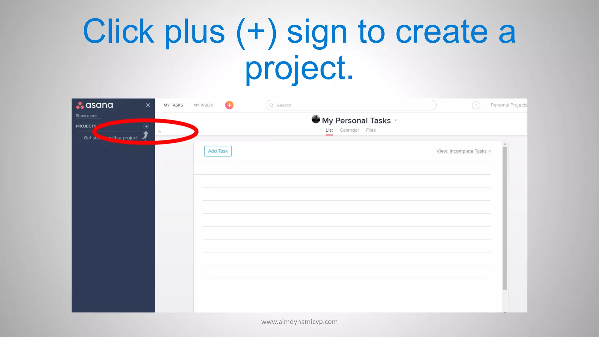 Click plus (+) sign to create a
project.
www.aimdynamicvp.com
 