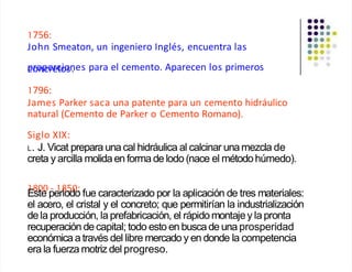 1756:
John Smeaton, un ingeniero Inglés, encuentra las
p
co
ro
np
co
re
rc
to
io
sn
.es para el cemento. Aparecen los primeros
1796:
James Parker saca una patente para un cemento hidráulico
natural (Cemento de Parker o Cemento Romano).
Siglo XIX:
L. J. Vicat prepara unacal hidráulica al calcinar unamezcla de
creta y arcilla molida en forma de lodo (nace el métodohúmedo).
1800 - 1850:
Este periodo fue caracterizado por la aplicación de tres materiales:
el acero, el cristal y el concreto; que permitirían la industrialización
de la producción, la prefabricación, el rápidomontajey la pronta
recuperación decapital; todo esto en buscade una prosperidad
económica a través del libre mercado y en donde la competencia
era la fuerza motriz del progreso.
 