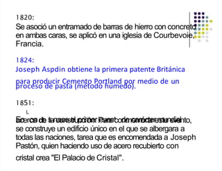 1820:
Se asoció un entramado de barras de hierro con concreto
en ambas caras, se aplicó en una iglesia de Courbevoie,
Francia.
1824:
Joseph Aspdin obtiene la primera patente Británica
para producir Cemento Portland por medio de un
proceso de pasta (método húmedo).
1851:
L
a
Ec
n
erc
oa
nd
r
e s
lan
c
a
o
c
n
e
se
trlup
cr
c
ii
m
ón
e.
rP
ea
ve
ra
nt
cod
ne
mc
ea
m
rá
oc
ra
te
rre
m
stu
en
e
d
v
ia
elnto,
se construye un edificio único en el que se albergara a
todas las naciones, tarea que es encomendada a Joseph
Pastón, quien haciendo uso de acero recubierto con
cristal crea "El Palacio de Cristal".
 