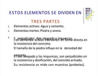 ESTOS ELEMENTOS SE DIVIDEN EN
TRES PARTES
1. Elementos activos: Agua y cemento.
2. Elementos inertes: Piedra y arena.
3.
L
Eo
.s
pe
er
lj
e
u
m
die
cn
ia
to
le
ss:
ac
Atiir
v
e
os
atir
n
atp
ea
rv
d
ie
on
e
ei
n
m
e
p
n
ur
fe
oz
rm
as
a.directa en
la resistencia del concreto.
El tamaño de la piedra influye en la densidad del
c
Eo
ln
ac
ir
r
e
et
a
ot
.rapado y las impurezas, son perjudiciales en
la resistencia y dosificación, del concreto armado.
Su resistencia se mide con muestras (probetas).
 