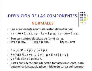 DEFINICION DE LAS COMPONENTES
NORMALES
• Las componentes normales están definidos por:
• σ x = λe + 2 µ εx, σ y = λe + 2 µ εy, σ z = λe + 2 µ εz
•
•
Son constantes elásticas de Lamé : λ , µ.
• kyx = µ axy, kzx = µ axz, kzy = µ a yz
• E = µ ( 3λ + 2 µ ) / ( λ + µ )
λ =( yE) /(1 + y) ( 1- 2 y ), µ = E /2 ( 1 + y )
• y : Relación de poisson.
• Estas consideraciones deberán tomarse en cuenta, para
determinar la capacidad permisible de carga del terreno
 