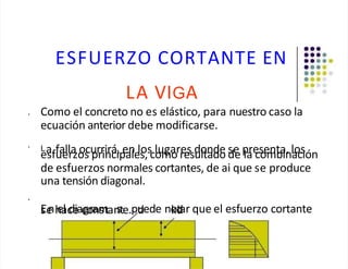 ESFUERZO CORTANTE EN
LA VIGA
Como el concreto no es elástico, para nuestro caso la
ecuación anterior debe modificarse.
•
•
La falla ocurrirá, en los lugares donde se presenta, los
esfuerzos principales, como resultado de la combinación
de esfuerzos normales cortantes, de ai que se produce
una tensión diagonal.
•
E
se
nh
ea
lc
d
e
iac
go
ra
nm
stan
ste.pu
dede no
kd
tar que el esfuerzo cortante
 