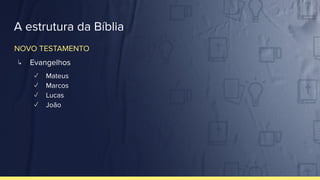 A estrutura da Bíblia
↳ Evangelhos
✓ Mateus
✓ Marcos
✓ Lucas
✓ João
NOVO TESTAMENTO
 