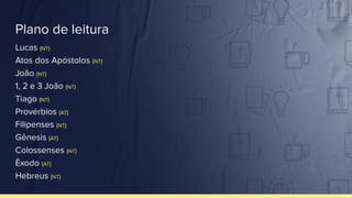Plano de leitura
Lucas (NT)
Atos dos Apóstolos (NT)
João (NT)
1, 2 e 3 João (NT)
Tiago (NT)
Provérbios (AT)
Filipenses (NT)
Gênesis (AT)
Colossenses (NT)
Êxodo (AT)
Hebreus (NT)
 