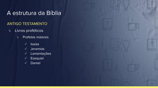 A estrutura da Bíblia
↳ Profetas maiores
✓ Isaías
✓ Jeremias
✓ Lamentações
✓ Ezequiel
✓ Daniel
ANTIGO TESTAMENTO
↳ Livros proféticos
 