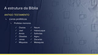 A estrutura da Bíblia
↳ Profetas menores
✓ Oseias
✓ Joel
✓ Amós
✓ Obadias
✓ Jonas
✓ Miqueias
✓ Naum
✓ Habacuque
✓ Sofonias
✓ Ageu
✓ Zacarias
✓ Malaquias
ANTIGO TESTAMENTO
↳ Livros proféticos
 