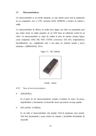 38
3.7 Microcontroladores
Un microcontrolador es un circuito integrado, en cuyo interior posee toda la arquitectura
de un computador, esto es CPU, memorias RAM, EEPROM y circuitos de entrada y
salida.
Un microcontrolador de fábrica, no realiza tarea alguna, este debe ser programado para
que realice desde un simple parpadeo de un LED hasta un sofisticado control de un
robot. Un microcontrolador es capaz de realizar la tarea de muchos circuitos lógicos
como compuertas AND, OR, NOT, NAND, conversores A/D; D/A, temporizadores,
decodificadores, etc., simplificando todo a una placa de reducido tamaño y pocos
elementos. (ARBOLEDAS, 2011)
Figura 31. PIC 16f628a
Fuente: Autora
3.7.1 Tipos de microcontroladores.
 8048 (INTEL).
Es el padre de los microcontroladores actuales, el primero de todos. Su precio,
disponibilidad y herramientas de desarrollo hacen que todavía sea muy popular.
 8051 (INTEL Y OTROS)
Es sin duda el microcontrolador más popular. Fácil de programar, pero potente.
Está bien documentado y posee cientos de variantes e incontables herramientas de
desarrollo.
 