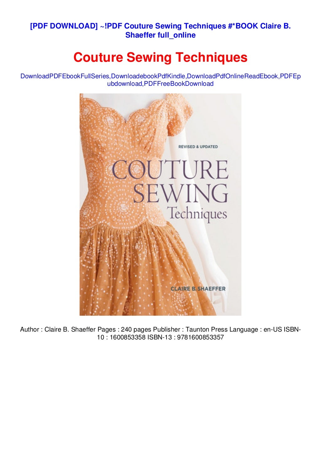 !PDF Couture Sewing Techniques *BOOK Claire B. Shaeffer