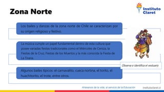 Los bailes y danzas de la zona norte de Chile se caracterizan por
su origen religioso y festivo.
La música cumple un papel fundamental dentro de esta cultura que
posee variadas fiestas tradicionales como el Miércoles de Ceniza, la
Fiestas de la Cruz, Fiestas de los Muertos y la más conocida la Fiesta de
La Tirana.
Algunos bailes típicos: el carnavalito, cueca nortina, el torito, el
huachitorito, el trote, entre otros.
Zona Norte
Observa e identifica el vestuario
 