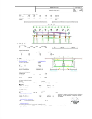 MEMORIA DE CALCULO ICCGSA MCPC - 001
DISEÑO DEL FALSO PUENTE
Hoja: 3 de 6
Fecha: 11/30/2013
Revisión: 0
El peso de veredas y entramado de encofrado (DSL).
Vereda 0.600 1.000 0.150 0.090 2.000 0.432 t/m
Entram s olera 12.300 0.076 0.152 0.143 2.500 0.322 t/m
Entram p laca 12.300 1.000 0.019 0.234 1.000 0.211 t/m
Encofrado 0.532
Peso de carga muerta = 1.497 t/ml w D = 11.792 t/m 0.959 t/m2
5.2 CARGA VIVA ( WL )
Metrado de cargas:
Item largo ancho carga peso u nitario
SC 12.300 1.000 0.200 2.460 w L = 2.460 t/m 0.200 t/m2
Carga por área de influencia
tramo pu (t/m2) qu (t/m)
a 1.120 1.159 1.298
b 1.950 1.159 2.259 rige
c 1.430 1.159 1.657
6.0 DISEÑO
6.1 Vigas de madera o rollizos longitudinales VRL
C
Co
on
ns
si
id
de
er
ra
an
nd
do
o r
ro
ol
ll
li
iz
zo
o d
de
e 18.5 pulg de diametro
Diametro de rollizo efectivo : 0.406m
Ancho b = 0.396m
Alto d = 0.396m
N de vigas n = 1und
Area de seccion resistente: 0.157014063 m2
Inercia de seccion resistente : 0.002054451 m4
Cargas actuantes en viga rollizo
Carga del puente 2.259
Carga del r
o llizo 0.13 0.90 0.117
qult = w 2.376 t/m L = 5.50m
Caso: Rollizo Simplemente apoyado
Momentos Cortantes
Mu = w L / 8 8.99 t-m Vu = w . L / 2( 1 -2d/L) 5.59
t E
s
f
u
e
r
z
o
sadmisibles
En flexión : s t = Mu x Y / I = 88.88 < 90kg/cm2 OK
En Corte : s v = 1.5Vu / A = 5.34 < 8kg/cm2 OK
Caso: Rollizo continuo
Momentos Cortantes
Mu = 9.07 t-m Vu = 8.31 t
V
Ve
er
ri
if
fi
ic
ca
an
nd
do
o E
Es
sf
fu
ue
er
rz
zo
os
s a
ad
dm
mi
is
si
ib
bl
le
es
s
En flexión : s t = Mu x Y / I = 89.68 < 90kg/cm2 OK
En Corte : s v = 1.5Vu / A = 7.94 < 8kg/cm2 OK
Verificando pandelo lateral torsional
Si d/b ≤ 2 No necesita soporte lateral. d/b = 1
Verificando deflexiones
Conservadoramente tomamos que el elemento esta simplemente apoyado
Por la acción de trabajo en conjunto del entramado de rollizos puede
considerarse un 10% adicional a los esfuerzos admisibles
aquí señalados.
4
d = 5/384 w L / ( EI) = 0.0153m limite : L /360 0.0153m Se consideraaceptable
 