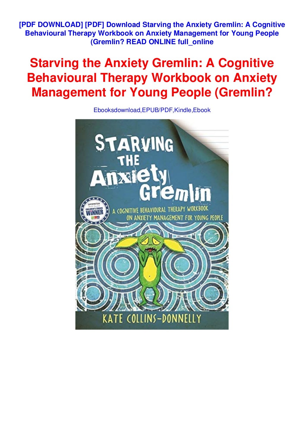 PDF Download Starving the Anxiety Gremlin: A Cognitive Behavioural