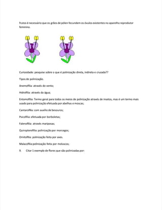  
 
rutos é necessário que os
rutos é necessário que os grãos de pólen ecundem os óvulos existentes no aparelho reprodutor
grãos de pólen ecundem os óvulos existentes no aparelho reprodutor
eminino.
eminino.
Curiosidade: pesquise sobre o que é polinização direta, indireta e cruzada??
Curiosidade: pesquise sobre o que é polinização direta, indireta e cruzada??
Tipos de
Tipos de polinizaç
polinização.
ão.
Anemolia: através do vento;
Anemolia: através do vento;
Hidrolia: através da água;
Hidrolia: através da água;
Entomolia: Termo geral para todos os meios de polinização através de insetos, mas é um termo mais
Entomolia: Termo geral para todos os meios de polinização através de insetos, mas é um termo mais
usado para polinização eetuada por abelhas
usado para polinização eetuada por abelhas e moscas;
e moscas;
Cantarol
Cantarolia: com
ia: com auxílio de besouros;
auxílio de besouros;
Psicolia: eetuad
Psicolia: eetuada por
a por borboletas;
borboletas;
Falenolia: através mariposas;
Falenolia: através mariposas;
Quiropter
Quiropterolia:polinizaçãopor
olia:polinizaçãopor morcegos;
morcegos;
Ornitolia: polinização eita por aves.
Ornitolia: polinização eita por aves.
Malacolia:polinização eita por moluscos;
Malacolia:polinização eita por moluscos;
9.
9. Citar
Citar 1
1 exempl
exemplo
o de
de fores
fores que
que são
são polinizadas
polinizadas por:
por:
 