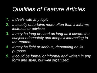 Feature Ele pdf-feature-writing elementary lecture for campus lournalism | PPTX