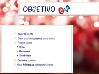 OBJETIVO
Gerar experiência positiva com a marca
Agregar valores
União
Sensibilidade
Humanismo
Encantar o público
Gerar fidelização e prospectar clientes
Fazer diferente
 