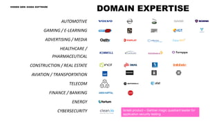AUTOMOTIVE
GAMING / E-LEARNING
ADVERTISING / MEDIA
HEALTHCARE /
PHARMACEUTICAL
CONSTRUCTION / REAL ESTATE
AVIATION / TRANSPORTATION
TELECOM
FINANCE / BANKING
ENERGY
CYBERSECURITY
DOMAIN EXPERTISE
Israeli product – Gartner magic quadrant leader for
application security testing
HIDDEN GEM: SIGMA SOFTWARE
 