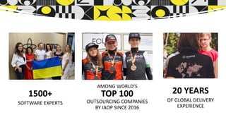 1500+
SOFTWARE EXPERTS
AMONG WORLD’S
TOP 100
OUTSOURCING COMPANIES
BY IAOP SINCE 2016
20 YEARS
OF GLOBAL DELIVERY
EXPERIENCE
 