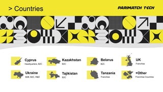> Countries
Cyprus
Headquarters, B2C
Ukraine
B2B, B2C, R&D
Belarus
B2C
Kazakhstan
B2C
Tajikistan
B2C
UK
Franchise
Tanzania
Franchise
+Other
Franchise Countries
 