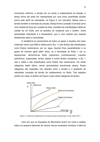 16
movimento uniforme, a tensão em um ponto é independente da direção, e
dessa forma ela pode ser representada por uma única quantidade escalar
(como pelo perfil de velocidade, na Figura 2, por exemplo). Nesse caso a
tensão também é chamada de pressão. Dessa forma a pressão é tomada como
uma medida de força por unidade de área, resultado da manifestação média da
colisão de um fluido com as paredes do recipiente que o contém. Outra
propriedade importante é a temperatura, que é uma variável que impacta
diretamente sobre a viscosidade.
A resistência ao escoamento de todos os gases e líquidos com peso
molecular menor que 5000 é válida para a Eq. 1 e tais fluidos são classificados
como fluidos newtonianos, por ex: água, líquidos finos assemelhados e os
gases de maneira geral (além disso, se a densidade do fluido = cte ou
desprezíveis, denomina-se fluido newtoniano incompressível). Líquidos
poliméricos, suspensões, lamas, pastas e outros fluidos complexos, a Eq. 1
não é válida e são classificados como fluidos não newtonianos. Há várias
categorias deste último, sendo apresentados brevemente abaixo. Essas
categorias são baseadas nas relações entre a tensão e o gradiente de
velocidade (variação da tensão de cisalhamento) no fluido. Tais relações
podem ser vistas no gráfico da Figura 3 para várias categorias de fluidos.
Figura 3 - Tensão de cisalhamento em função da taxa de deformação. Fonte: (ALÉ, 2011)
Uma vez que as Equações de Movimento levam em conta a análise
sobre um pequeno elemento de volume, faz-se necessário introduzir a idéia da
 